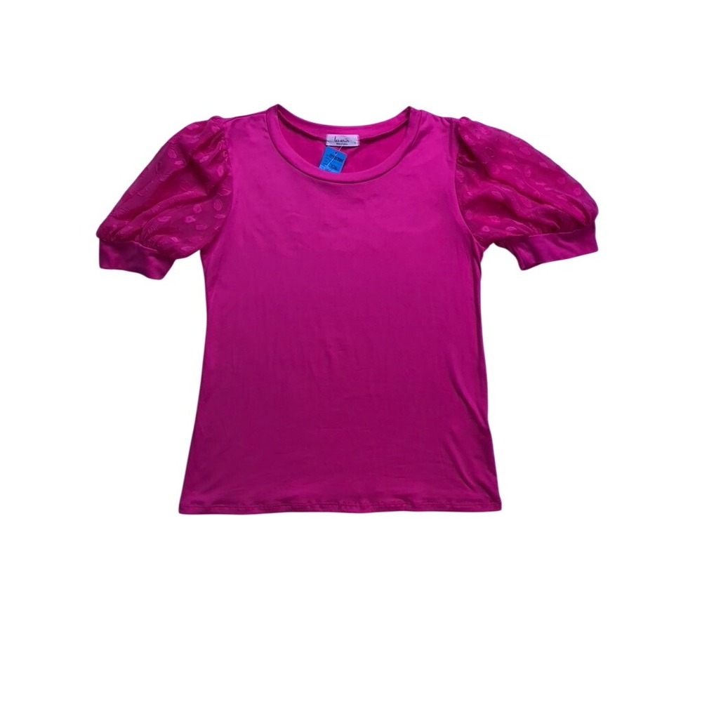 Les Amis T1233-F Top Womens S Pink Puff Sleeve Mesh Dots T-Shirt